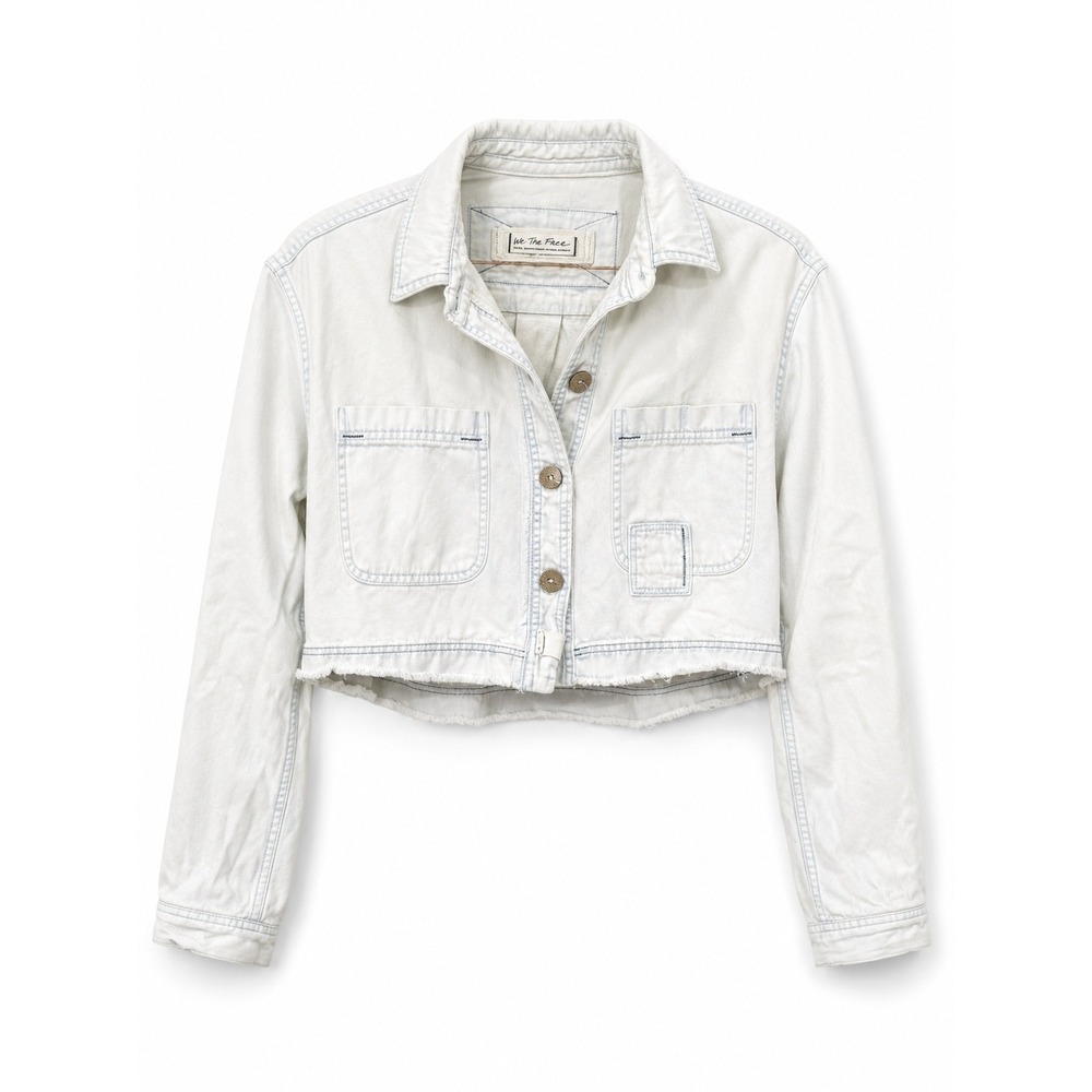 Free People Women Jacket Small White We The Free Cropped Raw Hem Cotton Linen